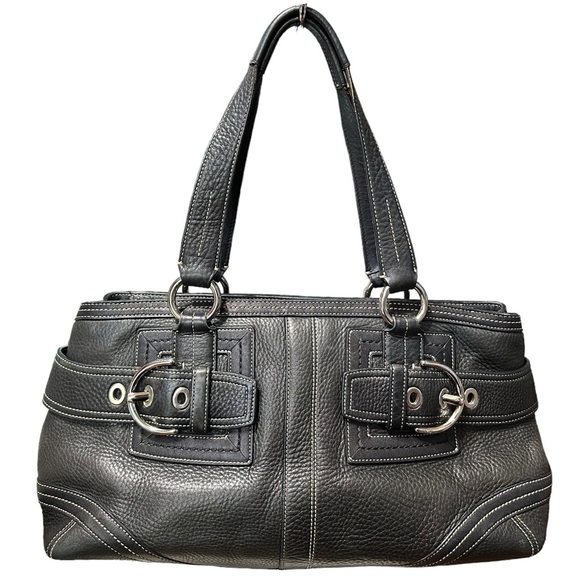 Coach Handbags - COACH Hampton Black Pebbled Leather Buckle Satchel Tote Bag